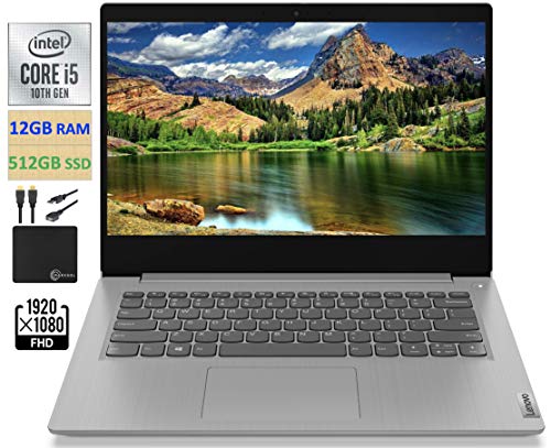 2021 Newest Lenovo IdeaPad 3 14" FHD Screen Laptop Computer, Intel Quad-Core i5-1035G1 Up to 3.6GHz (Beats i7-8550U), 12GB DDR4 RAM, 512GB PCI-e SSD, Webcam, WiFi, HDMI, Windows 10 + Marxsol Cables