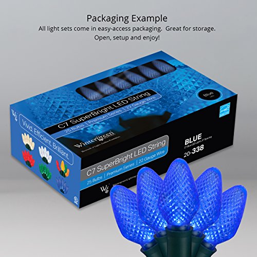 C7 LED Faceted Blue Prelamped Light Set, Green Wire - 25 C7 Blue LED Christmas Lights, 8" Spacing