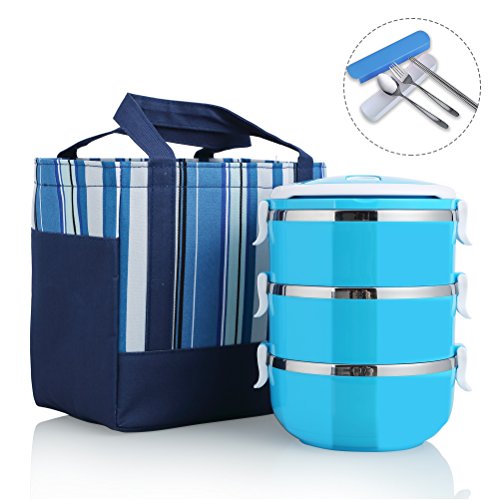 Stainless Steel Round Thermal Lunch Box Portable Food Storage Container with Bag Spoon Fork and Chopsticks for Children and Adult Blue