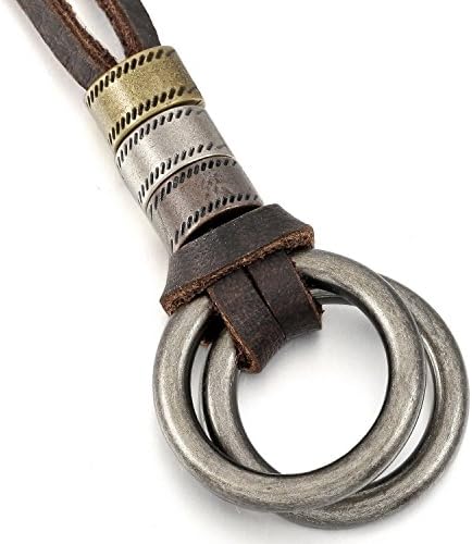 Jwoolw Jewelry Silver Brown Alloy Genuine Leather Pendant Necklace Double Ring Adjustable