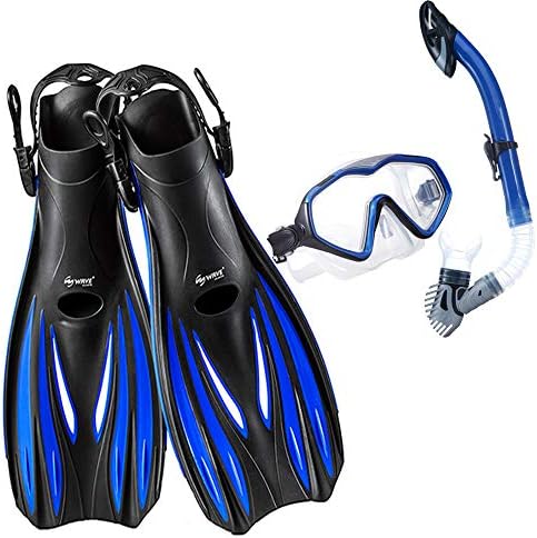 Snorkel Set with Fins Snorkel Mask - for Adult Men Women Teenagers - Panoramic Diving Mask, Comfort Dry Snorkel Tube, Open Heel Short Fins and Travel Mesh Bag [Wave Series]