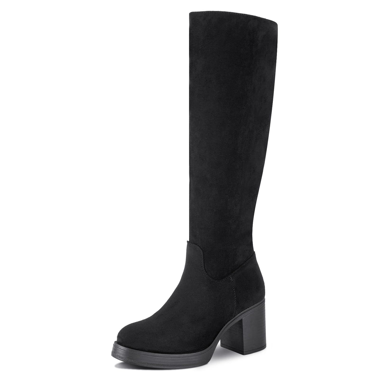 Shoe'N Tale Platform Knee High Boots for Women Block Chunky Heel Round ...