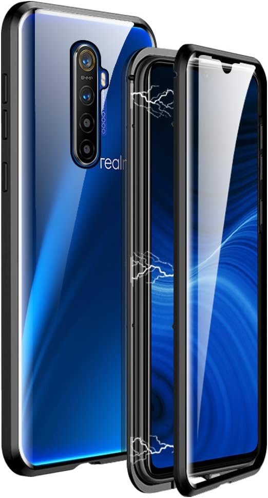 IGUCAC Case for Realme X2 Pro/Oppo Reno Ace Case,2 in 1 Magnetic Adsorption Cover with Front/Back Tempered Glass and Anti-Scratch Metal Protection for Realme X2 Pro,Black