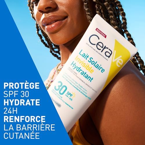 , Lait Solaire Invisible Hydratant 24h SPF30, Haute Protection Solaire, Non Gras, Non Collant, Visage et Corps, Hypoallergénique, 3 Céramides et Vitamine E, Résiste à l'Eau