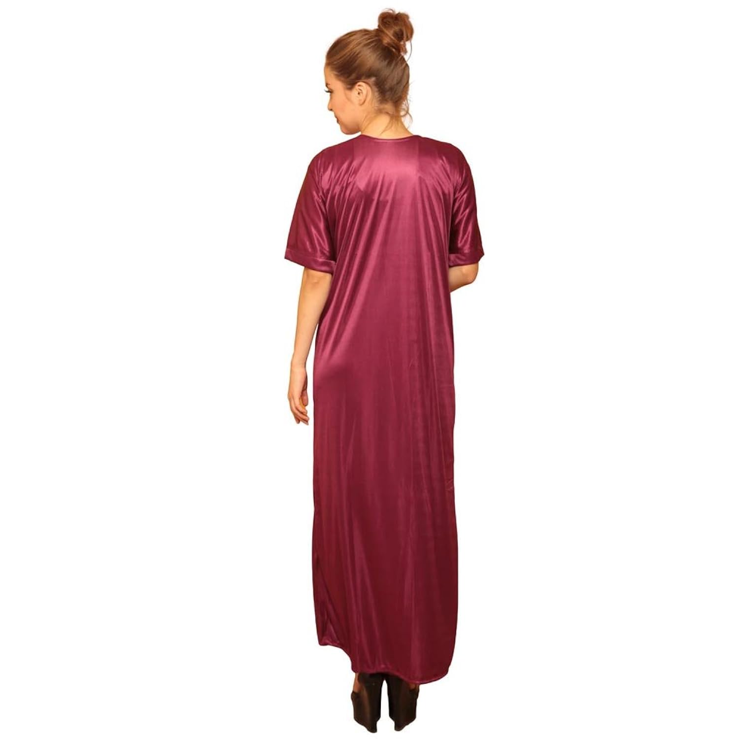 clovia women's 4 pcs satin nightwear in wine - robe, nightie, top, capri