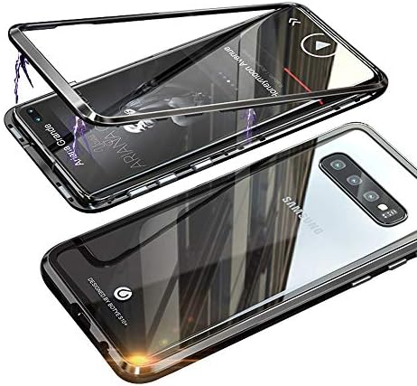 Magnetic Adsorption Case for Samsung S10+ Case Luxury Shockproof Metal Bumper+Transparent Tempered Glass Front for Samsung Galaxy S10+(Plus) Phone Cover Case Protective Case (Black+Black)