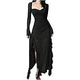 GORGLITTER Women's Square Neck Ruched Maxi Dress Fall Gothic Long Sleeve Split Cocktail Birthday Dinner Going Out Dress