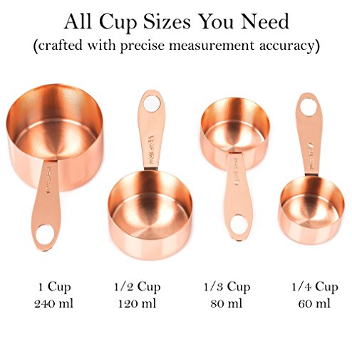 9 Exclusive Measuring Cups and Spoons. Copper Plated and Polished for Luxurious Look. Remarkably Sturdy for Heavy-duty Daily Use. Ergonomic Comfortable Handles. Holes for Hooks and Magnetic. Set of 9.