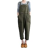 Women's Baggy Linen Overalls Jumpsuit Loose Rompers Wide Leg Casual Pants with Pockets