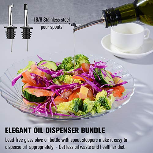 PrettyCare Olive Oil and Vinegar Dispenser Bottles 17oz (Dark Cruet with Extra Lids, Labels and Funnel) 500ml Drip-Free Bottle with Stainless Steel Spout, Flip Top Pourer Set (Dark Green)