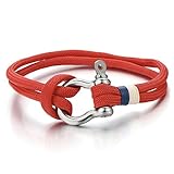 Mens Women Steel Screw Anchor Shackles Red Nautical Sailor Rope Cord Braided Wrap Bracelet Wristband