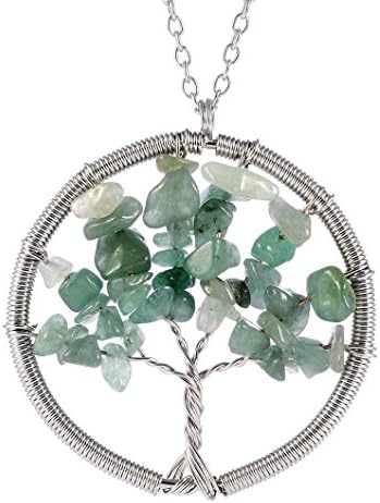 Simulated Jade / Quartz Stone Necklace Pendant Tree of Life , Healing Point Unisex with Chain 20 "-green