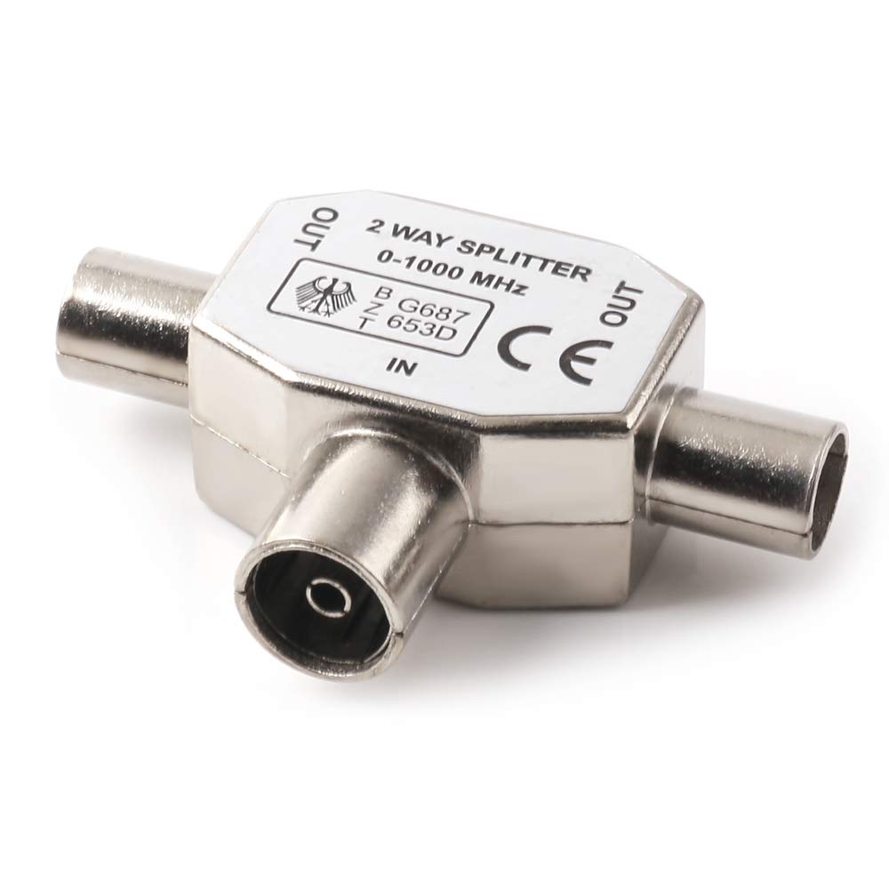 NANYI Female To Two Male TV Aerial Coaxial Coupler,T/F Type Connector Socket to RF Coax Aerial Adapter Nickel plating-1 Pack