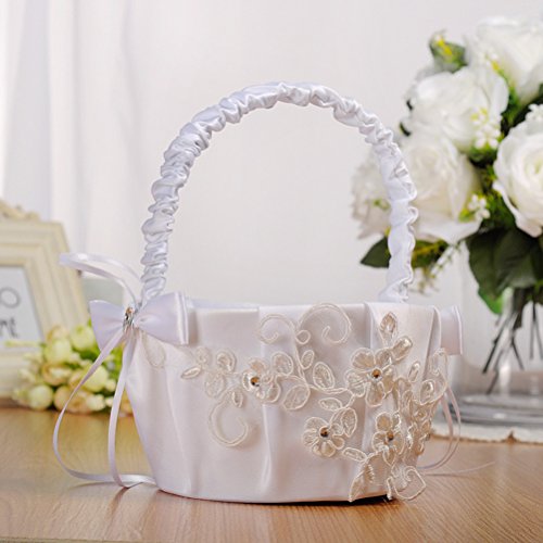 LUOEM White Embroidered Petal Wedding Flower Girl Basket Ceremony Party Lace Bowknot Portable Flower Girl Basket for Wedding Decoration(White)