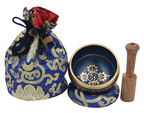 DharmaObjects ~ Tibetan OM MANI Singing Bowl Set ~ With Mallet, Brocade Cushion & Carry Bag ~ For Meditation, Chakra Healing, Prayer, Yoga (Blue)