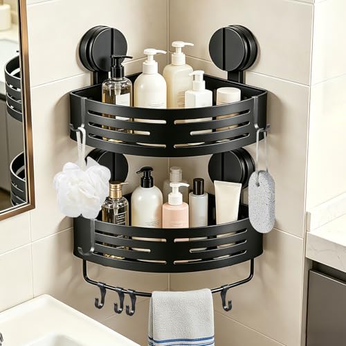 ZBXSNK 2Pcs Corner Shower Caddy, No Drilling Suction Cup Bathroom Corner Shelves, Shower Storage Shelf with Towel Bar & Hooks, for Bathroom Kitchen Vanity & Shampoo, Razors, Spice Bottles