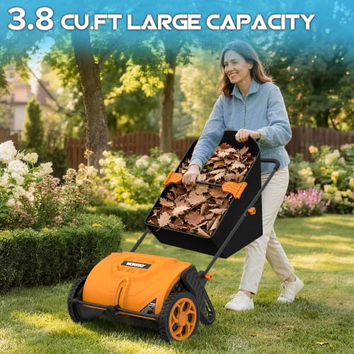 WORKSKY Premium Garden Lawn Sweeper with Brush Rake, Efficient Grass Leaf Collector for Lawn Yard Backyard Outdoor Cleaning,105L Debris Collection Bag