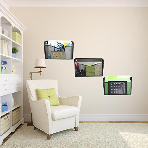 Samstar 3 Pocket Mesh Wall File Holder Organizer, Hanging Wall Mounted Mail Organizer Letter Sorter (Black)