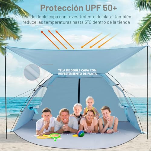 Elegear Beach Tent for 6-8 People, Camping Tent UV Protection UPF 50+ Portable Canopy with Carry Bag Family Beach Shelter for Varar Park Camping Fishing, 260 x 165 x 150 cm, Blue