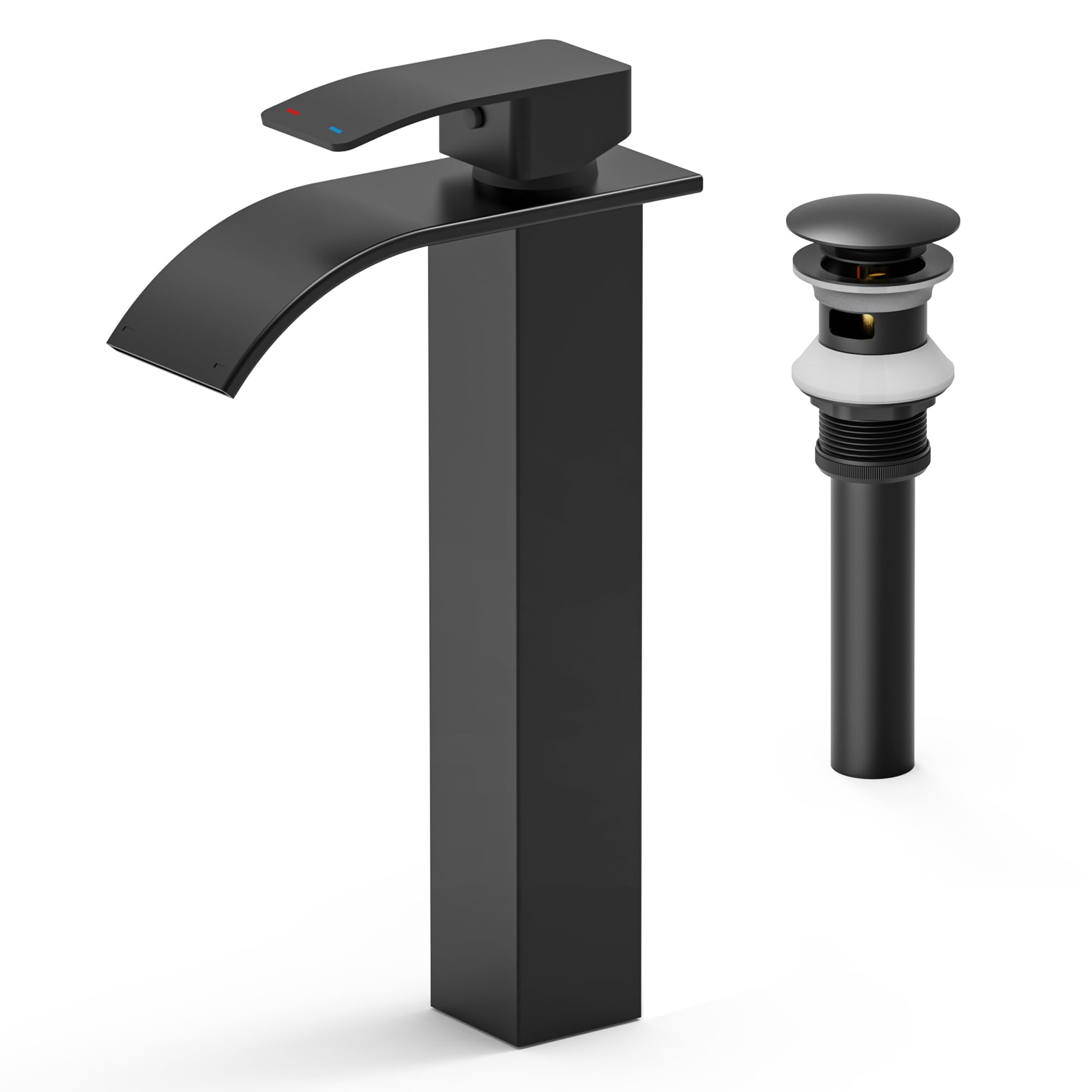 Photo 1 of RUACQ Vessel Sink Faucet,Tall Waterfall Bathroom Faucets for 1 or 3 Hole,Single Handle with 304 Stainless Steel Lavatory Vanity Faucet with Deck,Pop-up Drain and Supply Hoses (Matte Black)lpnpmez4350447
