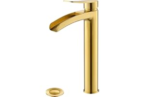 Phiestina Brushed Gold Tall Bathroom Vessel Sink Faucet, Single Hole Single Handle Waterfall Modern Bathroom Faucet, with Pop Up Drain and Water Supply Line, NS-SF01-BG-V