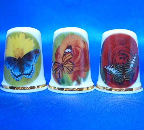 Birchcroft Porcelain China Collectable - Set of Three Thimbles - Butterflies and Roses