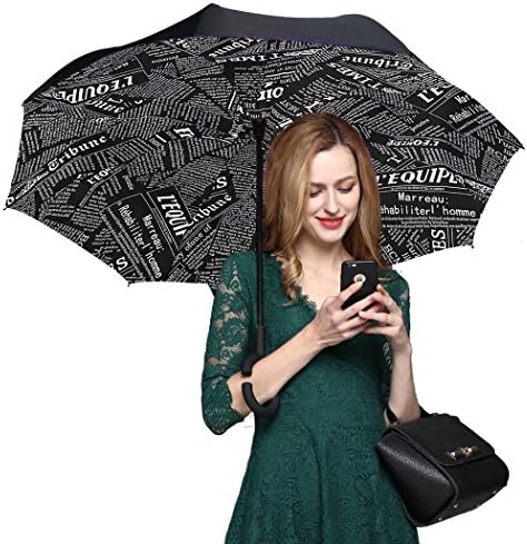Baymery Reverse Inverted Folding Umbrella Windproof Cars Double Layer Reversible Folding Umbrellas UV proof Self-Standing C-Shape Big Umbrellas for Mothers Rainy Sun Golf (Black Newspaper)