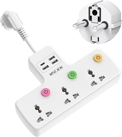 Mscien Travel Plug Extension UK to EU USB 3 Way Switched Sockets 10A