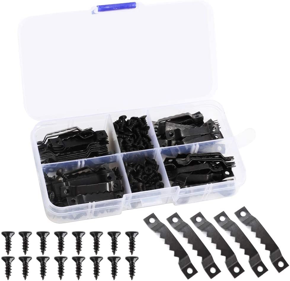 AARACHI 100 Sets Saw-tooth Heavy Duty Picture Frame Hangers Canvas Hanging Kit Hanging Hooks Kit with Double Hole with Screws for Fixing Painting Pictures Mirror Craft for Home Office Black (37mmx7mm)