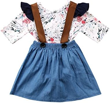 Lahyra Baby Girl 2pcs Outfits Floral Long Sleeve Ruffled T-Shirt Top+Suspender Braces Skirt Overalls (1-2 Years, Blue)