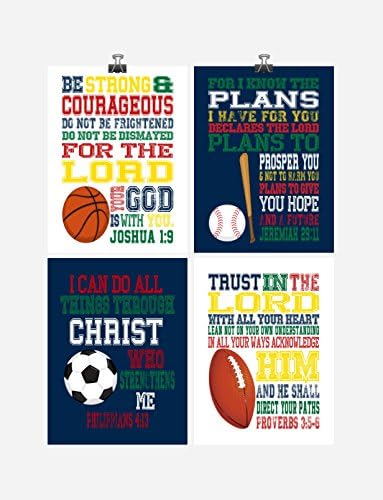 Set of 4 Christian Sports Nursery Wall Art Print - Baseball, Football, Soccer, Basketball - Proverbs 3:5-6, Philippians 4:13, Joshua 1:9, Jeremiah 29:11 - Bible Verse Multiple Sizes