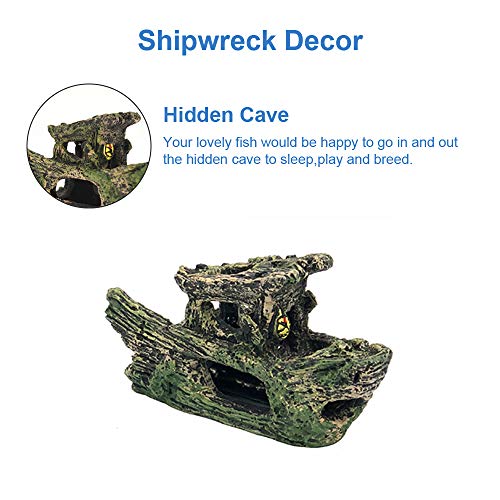 GreenJoy Aquarium Decorations Accessories Shipwreck Plastic Plants Cave - 11 Pack Fish Tank Decorations Set with Resin Tree Trunk House Ship Hideouts Artificial Plastic Plants and Coral Small Kit