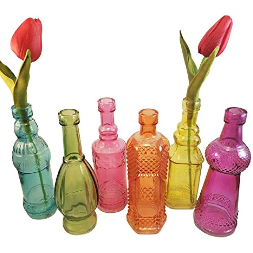 Decorative Bottles Colored Vintage Glass Bottles, 6.5 Inches Tall, Set
