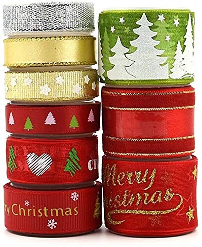Christmas Satin Ribbon - 9 Rolls, 18 Yards - Red, Green, Gold, Silver Gift Wrapping Ribbons for Xmas Gift Box, Candy Bags, Packaging, DIY Crafting Projects, Decoration, Wedding, Party