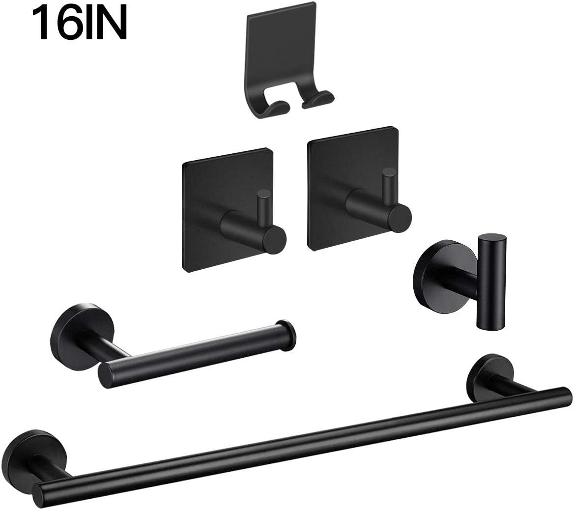 VOLPONE Bathroom Hardware Set 6-Piece,Towel Bar Set Stainless Steel, Includes 16In Towel Bar,3 Robe Towel Hooks,Toilet Paper Holder,Adhesive Shaver/Toothbrush Holder (Matte Black): Home & Kitchen
