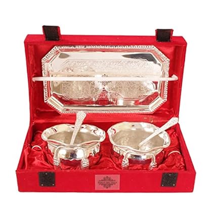 Indian Art Villa Silver Plated Bowl Set With Embossed Tray And 2 Spoon, 300 Ml Each,