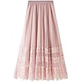 Sigdio Women Midi Skirt Elastic High Waist Lace Tulle Skirt Pleated Skirt