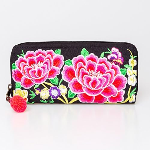 Changnoi 2 Red Flowers Handmade Boho Wallet Thai Hmong Hill Tribe Embroidered