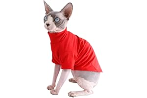KITIPCOO Sphynx Cat Clothes Winter Thick Cotton T-Shirts Double-Layer Pet Clothes, Pullover Kitten Shirts with Sleeves, Hairless Cat Pajamas Apparel for Cats & Small Dogs (M+ (7.2-8.7 lbs), Red)