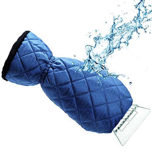 Ice Scraper Mitt For Car Windshield Snow Scrapers with Waterproof Glove Lined of Thick Fleece + Carry Pouch (Blue)