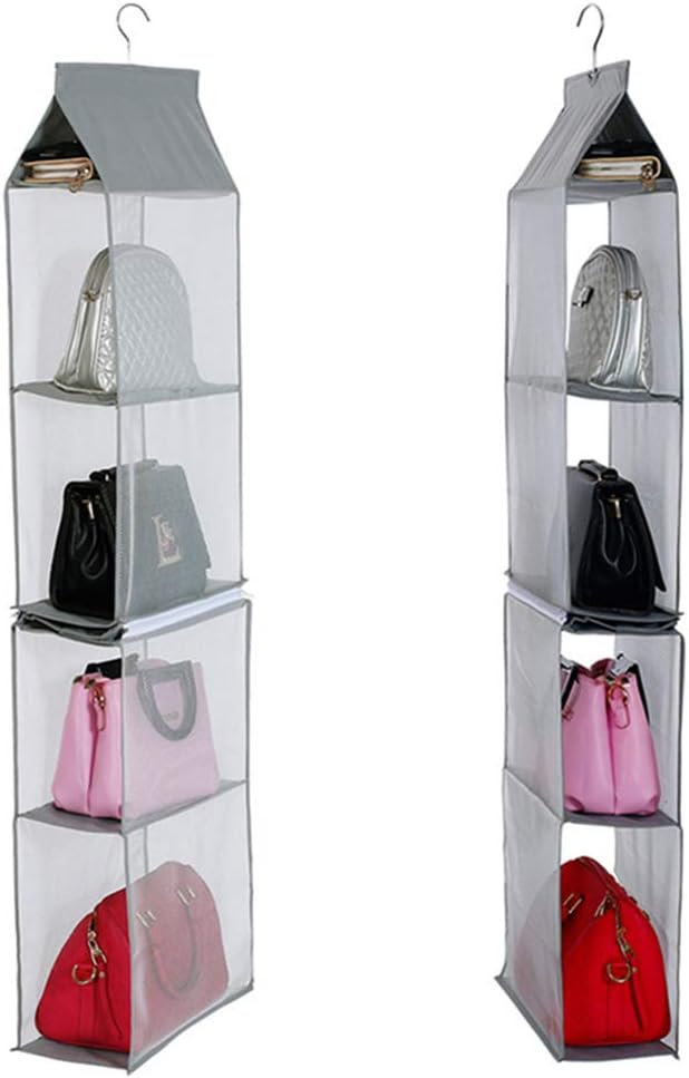 Sunzit Organizador de Bolsos de Mujer, Organizador de 4 Compartimentos para Colgar Bolso de Mano, Organizador de Bolso Transparente para Armario (Gris)