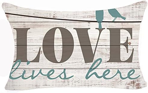 Love Lives Here Birds Decoration Wood Grain Background Inspirational Quote Cotton Linen Cushion Cover Case For Sofa Living Room Family Office Decorative Throw Lumbar Pillow Case 12 X 20 inches