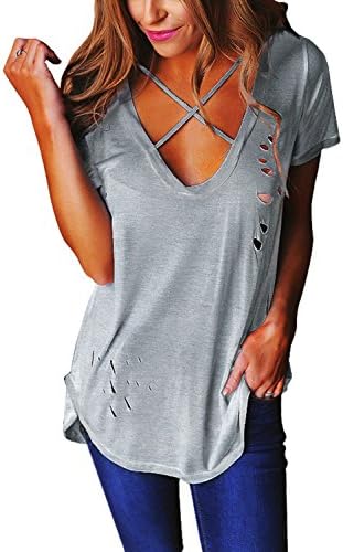 Amstt Women's Casual Short Sleeve Sexy Criss Cross Front V-Neck Hole T-Shirt Tops