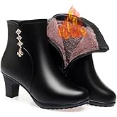 Hhhchpm Womens Ankle Boots Chunky Block Heel Rhinestones Buckle Decor Comfort Warm Fur Lined Boots Zip Fashion Round Toe 2 Inch