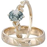 FYBIOD 10K 14K 18K Gold Custom Natural Moss Agate Couple Rings 2PCS/3PCS Moss Agate Wedding Promise Ring Sets for Him and Her Couple Size 3-16