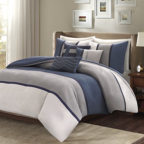 Madison Park Palisades Queen Size Bed Comforter Set Bed in A Bag - Navy, Grey, Pieced Stripe â€“ 7 Pieces Bedding Sets â€“ Micro Suede Bedroom Comforters