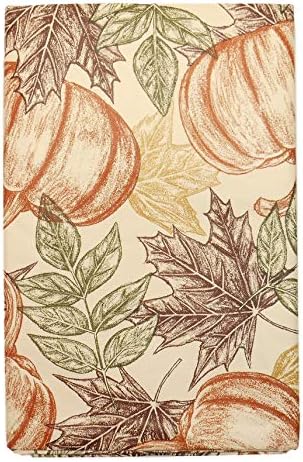 Autumn Sketched Vinyl Tablecloth with Flannel Backing - Detailed Sketches of Pumpkins and Leaves on Cream Colored Background (52" x 70" Oblong)