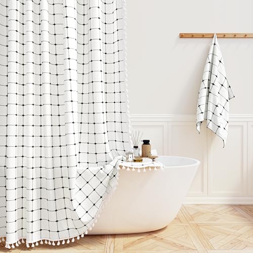 Photo 1 of BTTN Extra Long Shower Curtain - 72x96 Inch Long Boho Chic Linen Fabric Heavy Duty Shower Curtain Set with Hooks, Bohemian Farmhouse Shabby Chic Tassel Shower Curtains for Bathroom - White and Black