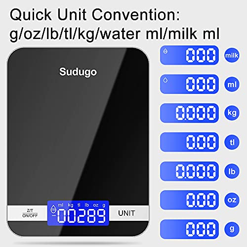 Sudugo Kitchen Scales, 22lb/10kg Digital Scales Kitchen Weight Grams and Oz, Food Scale for Baking and Cooking, Rechargeable Tempered Glass Platform Electronic Scales (Batteries Included) [2021 Ver]
