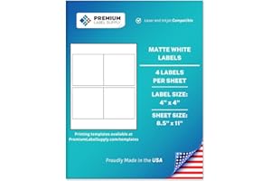 Premium Label Supply White Sticker Square Labels – 4" x 4" – Laser/Inkjet Compatible – (4 per Sheet), 25 Sheets - 100 Total Adhesive Labels